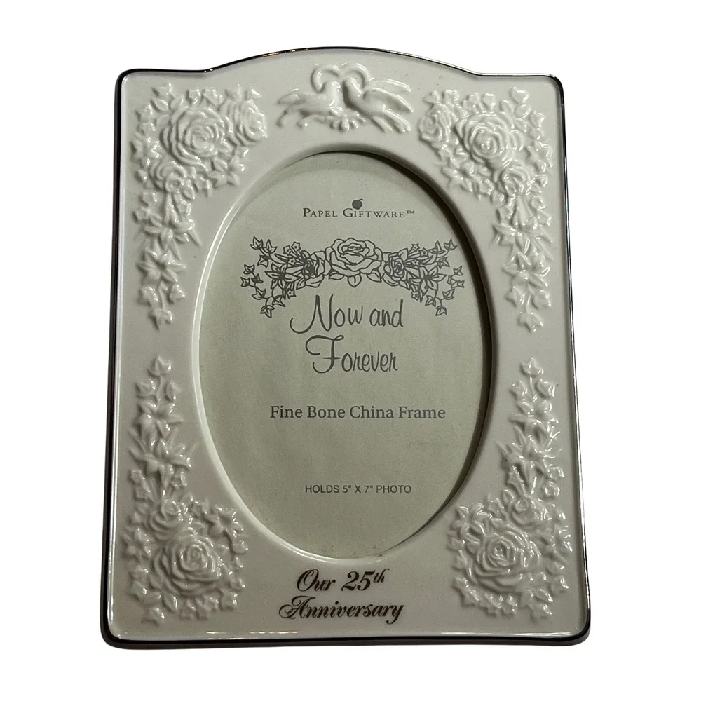 Papel Giftware 25th Anniversary Fine Bone China 5x7 Picture Frame Silver Trim